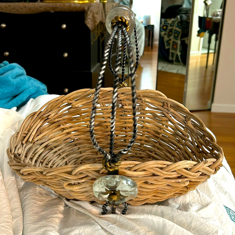 Vintage Maitland Smith Wicker Basket with Wrought Iron and Glass Handle